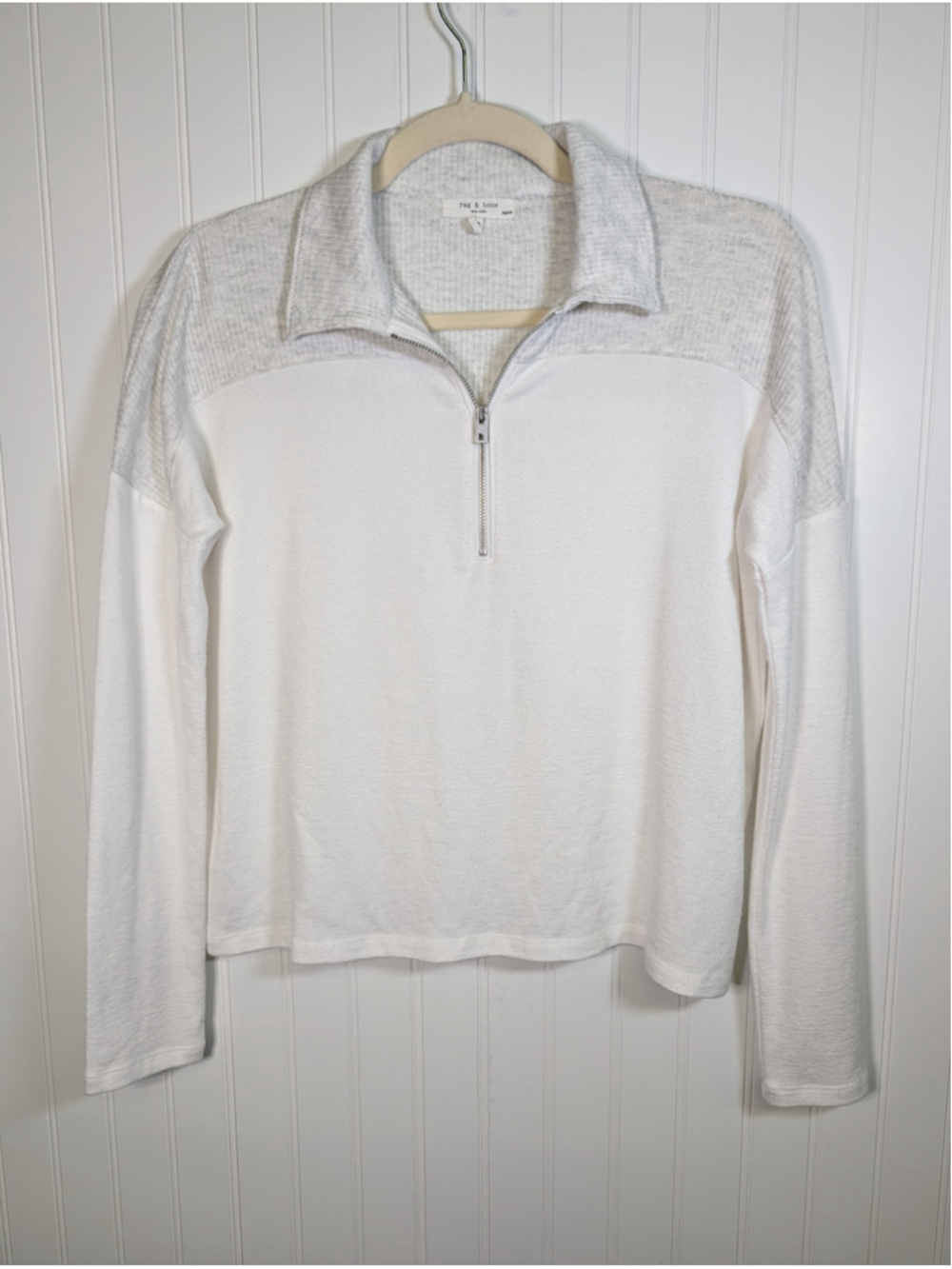 Rag & Bone Colorblock Quarter Zip Pullover Sweater XS Ivory Grey Preppy Knit Pol
